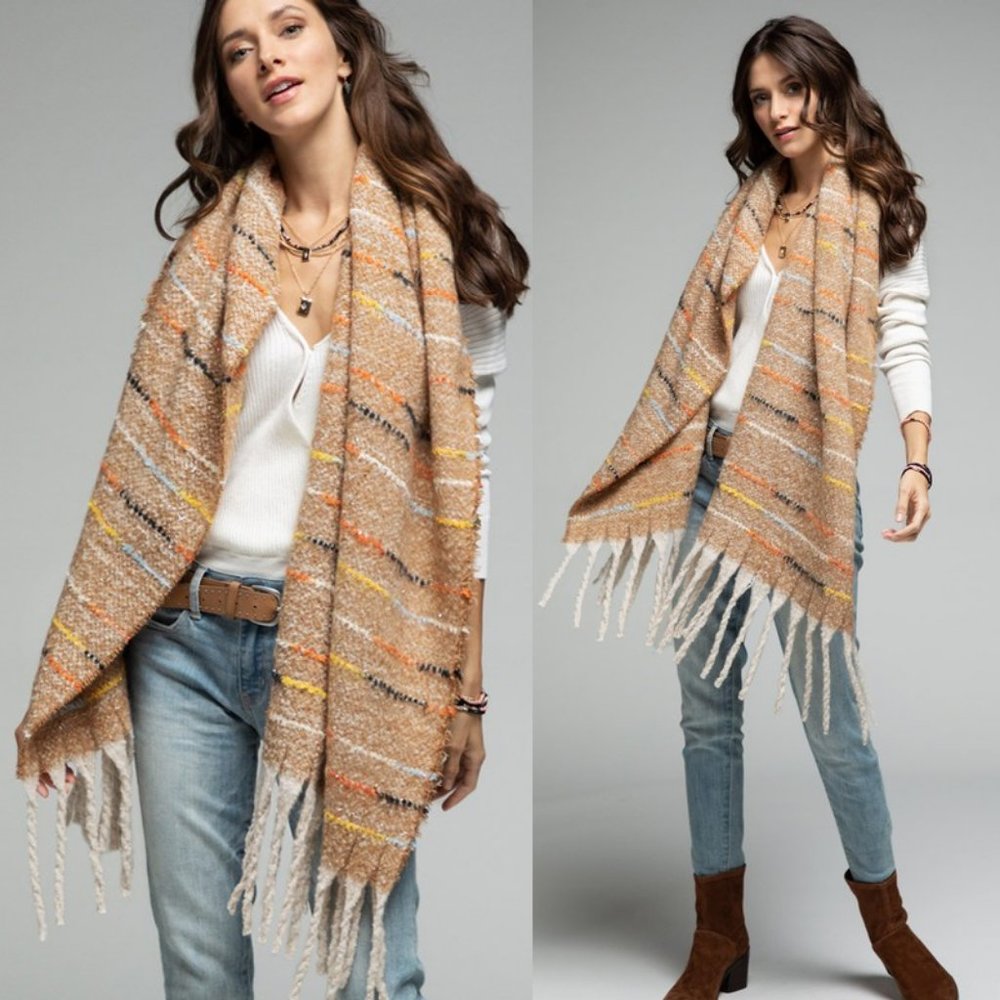 NEW Colorful Stitch with Metallic Glitz Soft Fringe Tassel Oblong Scarf Beige